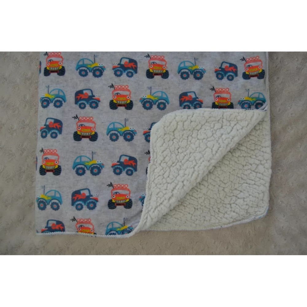 Manhattan Kids Monster Truck Baby Blanket Gray White Sherpa Blue Red Yellow